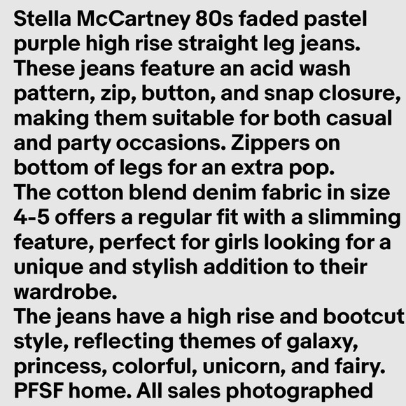 Stella McCartney Vintage Kids Purple Acid Wash Jeans Sz 4 Cotton Blend Zippers - Picture 6 of 6